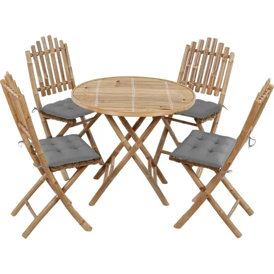 Foldbart bambus spisebordssæt 5 dele med hynder