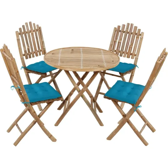 Foldbart bambus 5-personers udendørs spisebordssæt med hynder