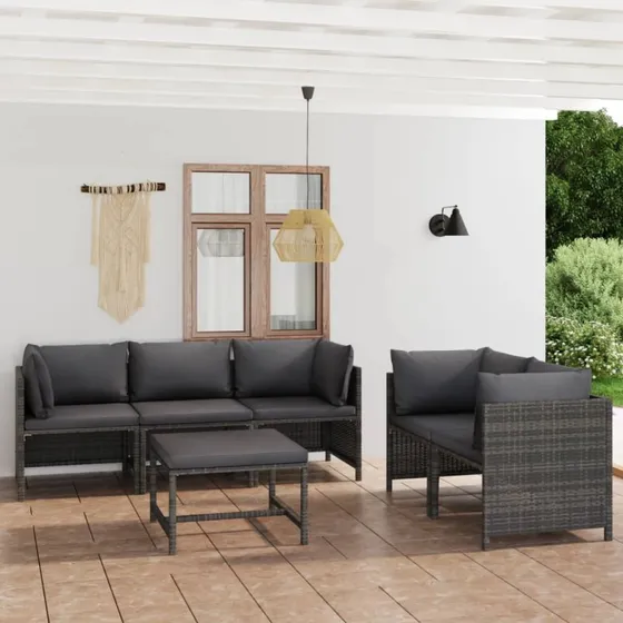 Loungesæt 6 dele i grå polyrattan med hynder