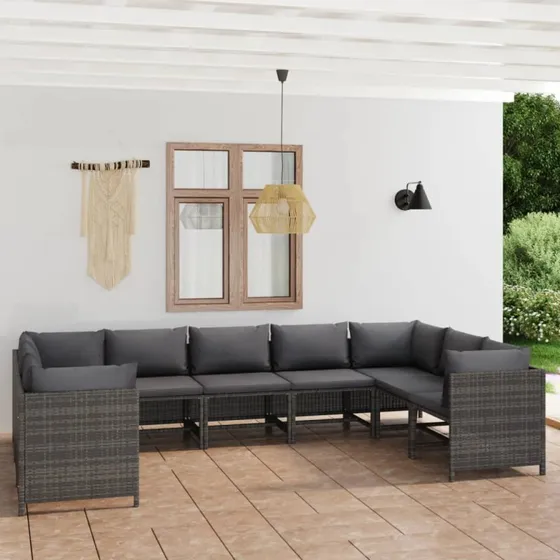 9-dele polyrattan loungesæt med hynder – grå