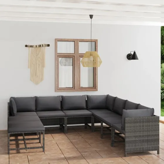 9-dele loungesæt i grå polyrattan med hynder