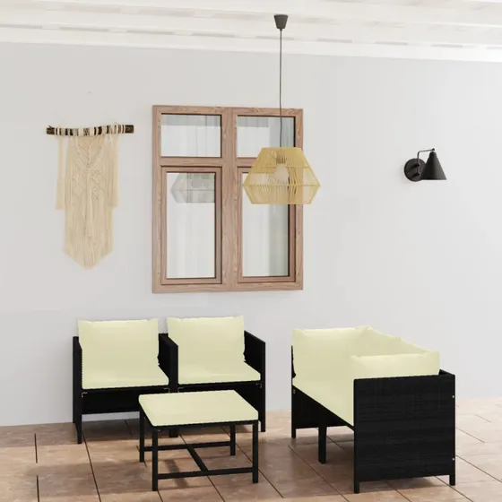 Loungesæt 5 dele i sort polyrattan med hynder