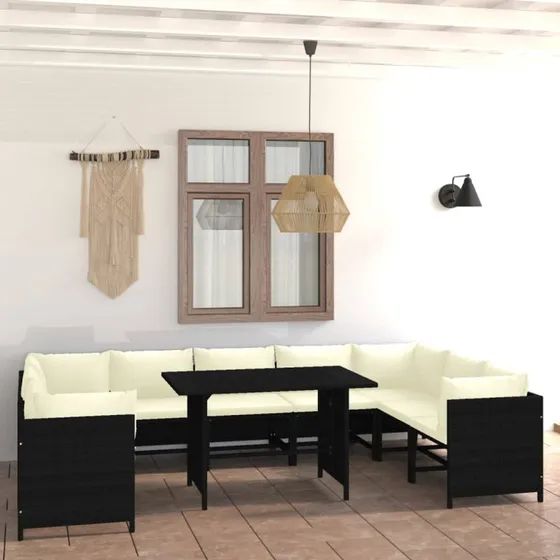 Haveloungesæt 10 dele i sort polyrattan med hynder