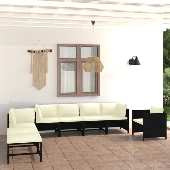 Loungesæt polyrattan 8 dele med hynder - sort