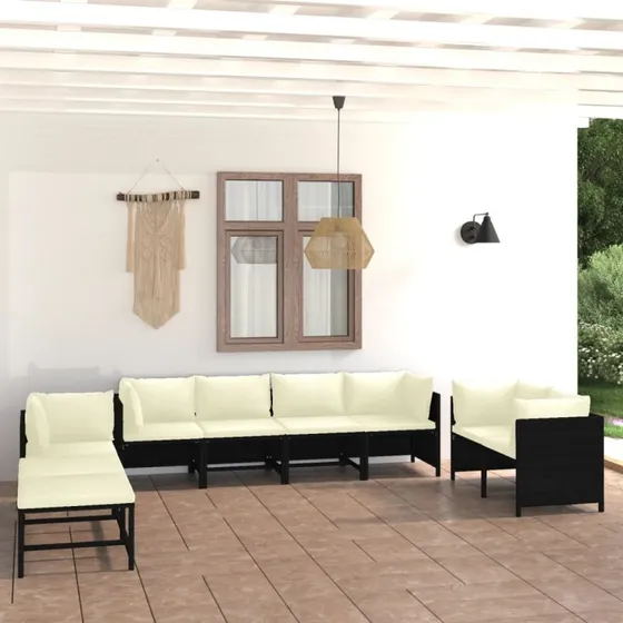 Loungesæt havemøbler 10 dele polyrattan sort med hynder