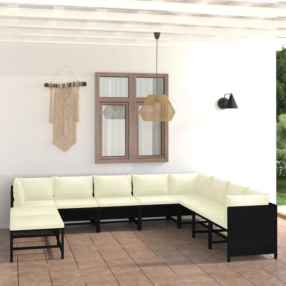 Loungesæt til haven 11 dele i sort polyrattan