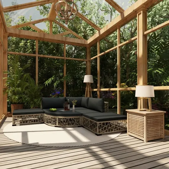 Loungesæt i polyrattan 6 dele med hynder - grå