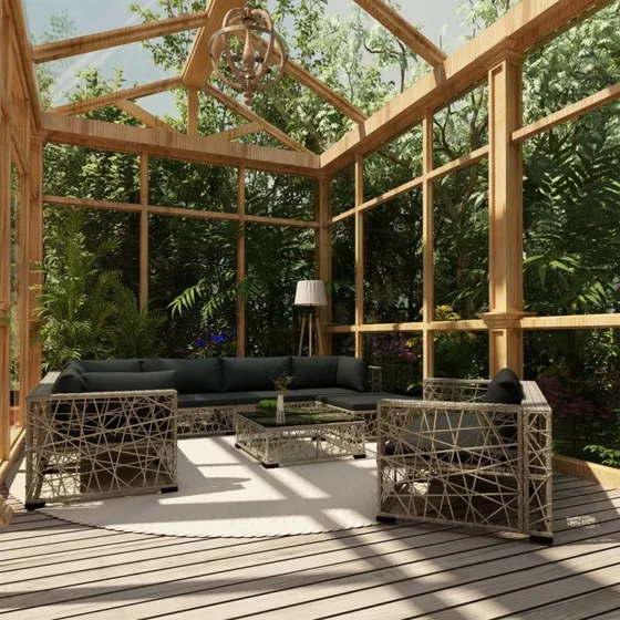 10-del loungesæt i grå polyrattan med hynder