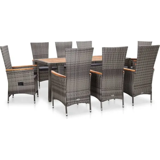 Udendørs spisebordssæt 9 dele i polyrattan med hynder, grå