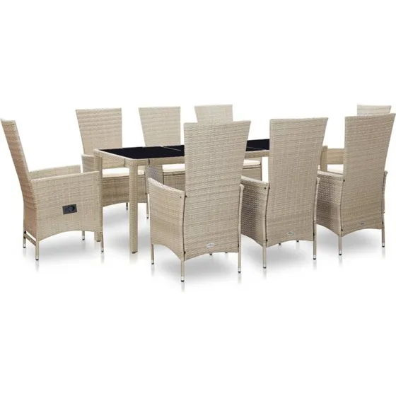 Udendørs spisebordssæt 9 dele i beige polyrattan
