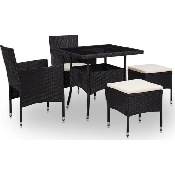 Udendørs spisebordssæt 5 dele i sort polyrattan