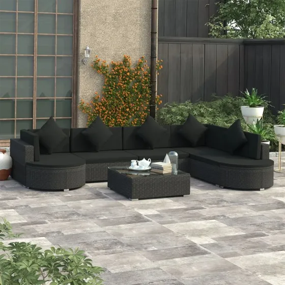 Loungesæt 8 dele i sort polyrattan med hynder