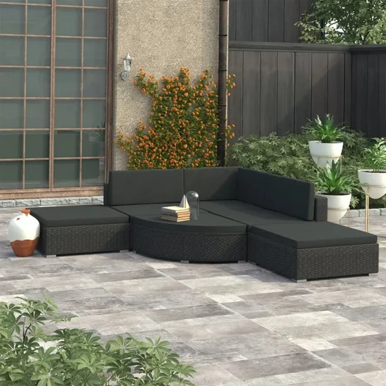 Haveloungesæt 6 dele i sort polyrattan med hynder