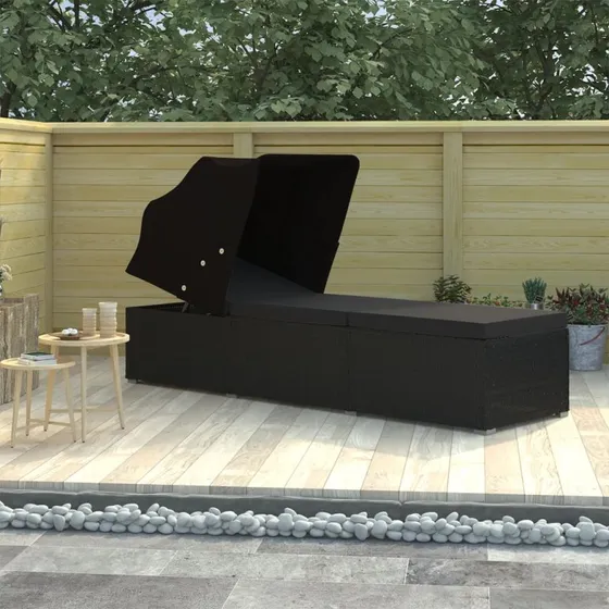 Liggestol polyrattan med baldakin og hynde – sort