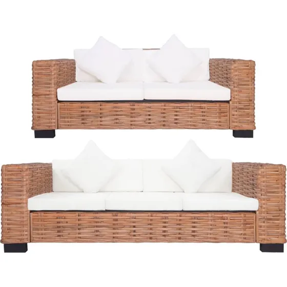 Sofasæt i naturligt rattan med hynder, 2 dele