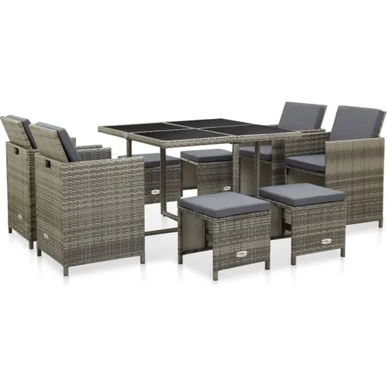 Udendørs spisebordssæt 9 dele i grå polyrattan med hynder