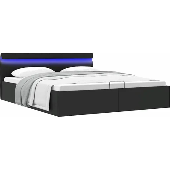 Hydraulisk opbevaringsseng 160x200 cm med LED, sort kunstlæder