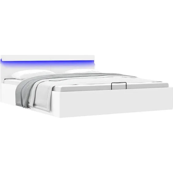 Hydraulisk opbevaringsseng 160x200 hvit kunstlæder med LED