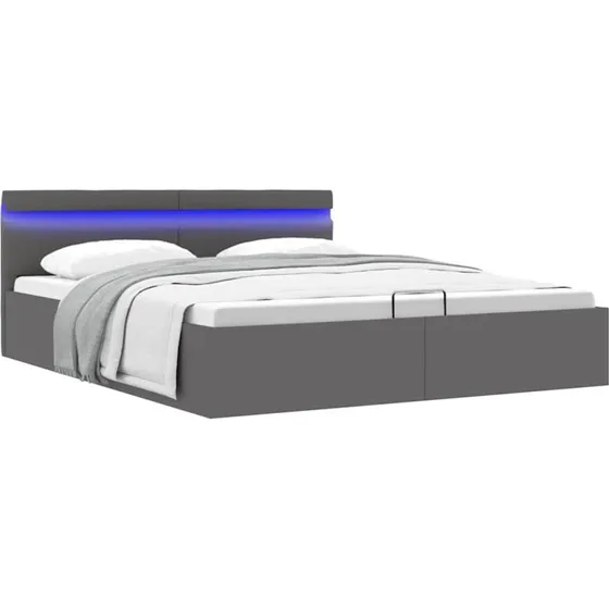 Hydraulisk opbevaringsseng 160x200 cm - grå kunstlæder, LED