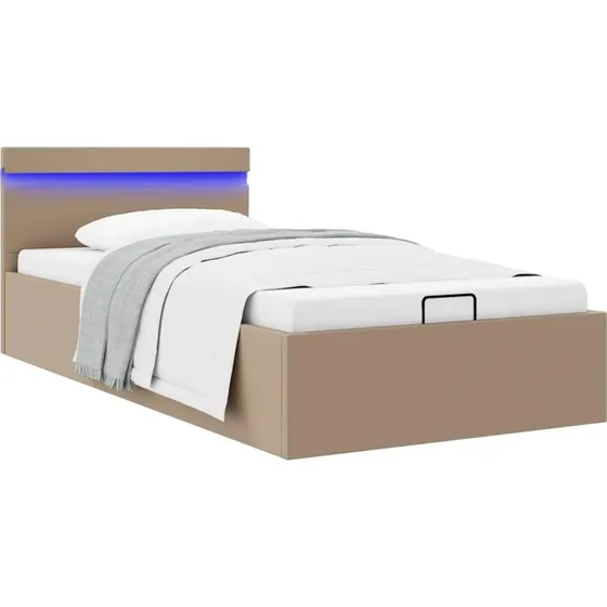 Hydraulisk opbevaringsseng LED 100x200 cm kunstlæder cappuccino