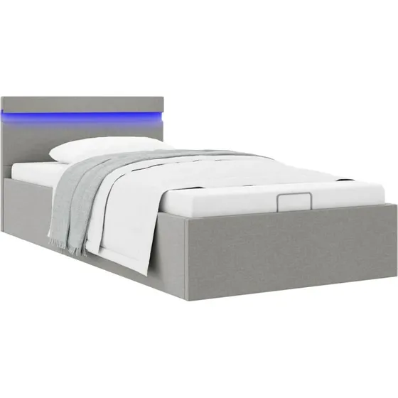 Hydraulisk opbevaringsseng 90x200 med LED – lysegrå stof