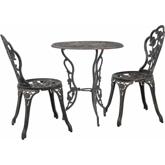 Bistrosæt 3 dele i støbt aluminium - bord + 2 stole