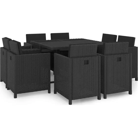 Udendørs spisebordssæt 9 dele i sort polyrattan