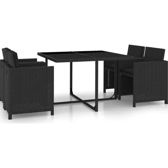 Udendørs spisebordssæt 5 dele i sort polyrattan med hynder