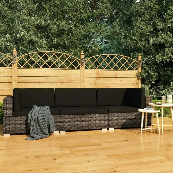 Havesofasæt 3 dele i polyrattan med hynder, grå