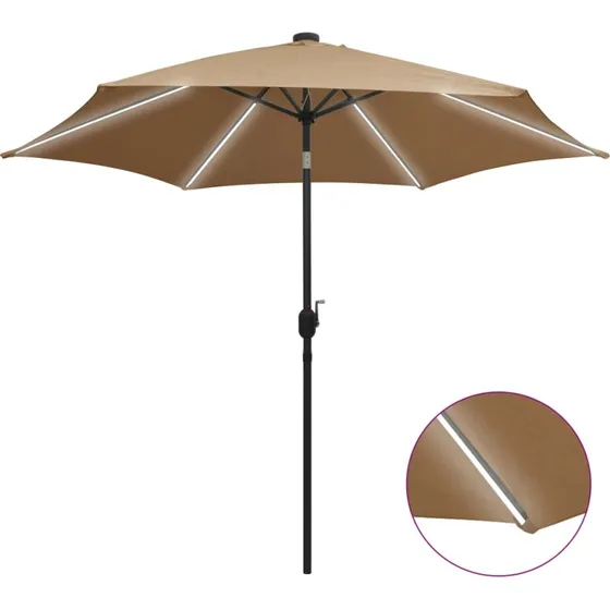 Parasol 300 cm med LED og aluminiumsstang - gråbrun