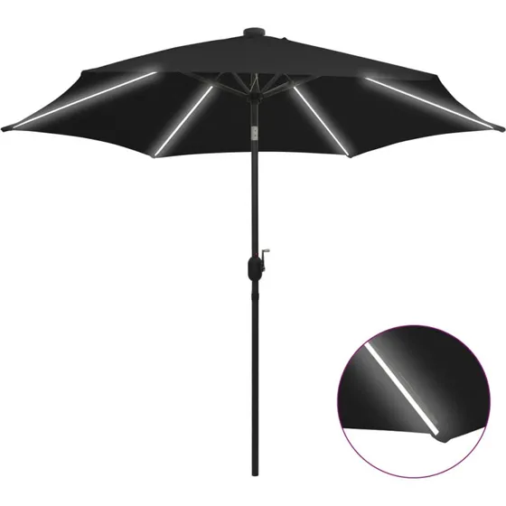 Parasol 300 cm med LED og aluminiumsstang – sort