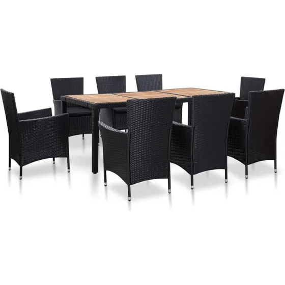 Udendørs spisebordssæt 9 dele i polyrattan med hynder, sort