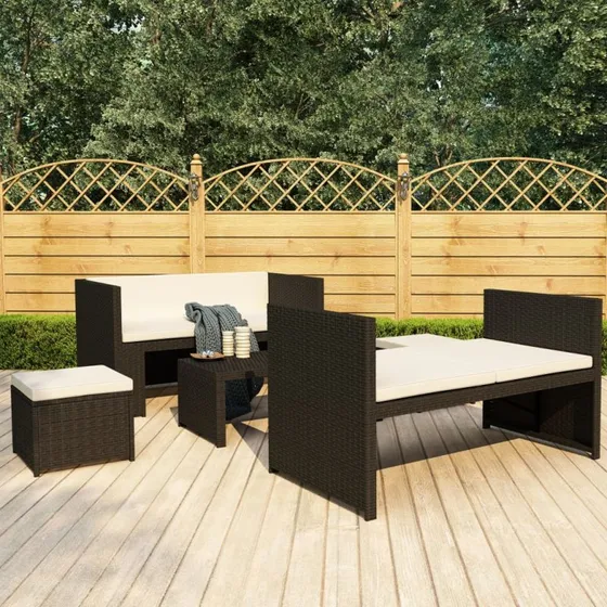 Haveloungesæt 5 dele i sort polyrattan med hynder