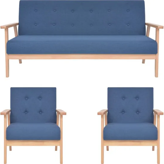 3-delt sofasæt i blå stof – 3-personers sofa + 2 lænestole