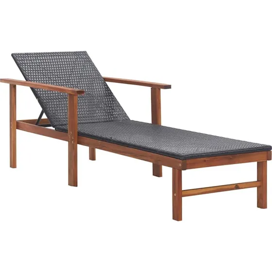 Liggestol i sort polyrattan med akacietræ 200x55x56 cm