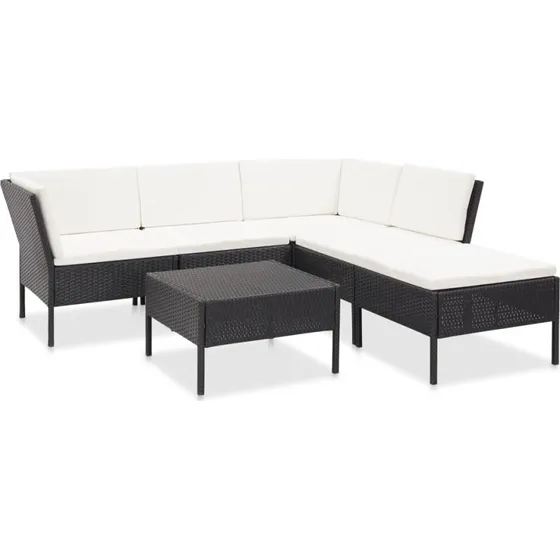 Haveloungesæt 6 dele i sort polyrattan med hynder