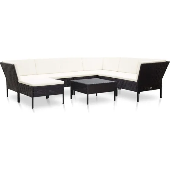 Haveloungesæt 8 dele i sort polyrattan med hynder