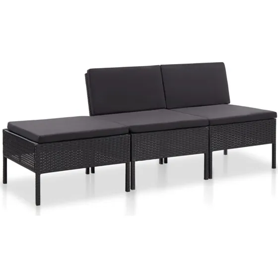 Haveloungesæt 3 dele i sort polyrattan med hynder