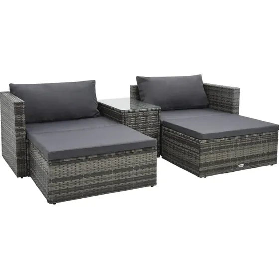 Loungesæt 5 dele i grå polyrattan med hynder