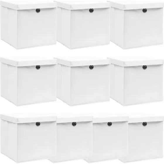 Opbevaringskasser med låg 10 stk. 32x32x32 cm - foldbare hvide