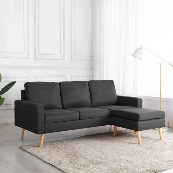 3-personers sofa med fodskammel i mørkegråt stof