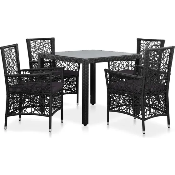 Udendørs spisebordssæt 5 dele i sort polyrattan