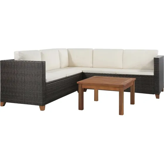 Loungesæt 4 dele i brun polyrattan med hynder