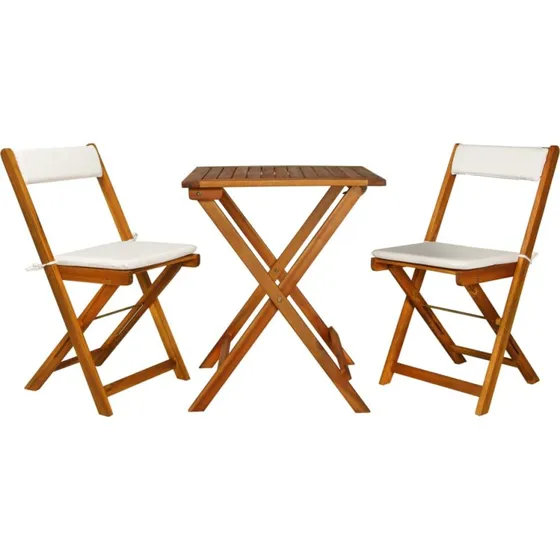 Foldbart bistrosæt i massivt akacietræ 3 dele med hynder