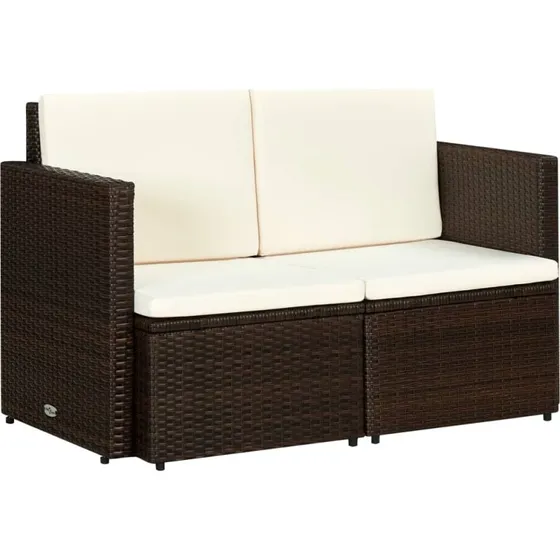 2-personers havesofa i brun polyrattan med hynder
