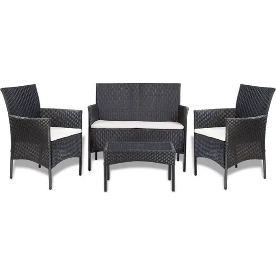 Haveloungesæt 4 dele polyrattan sort med hynder