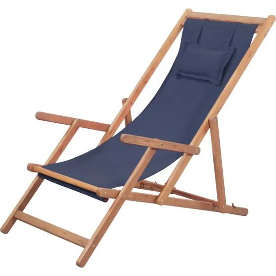 Foldbar strandstol i træ og stof, blå - 3 indstillinger