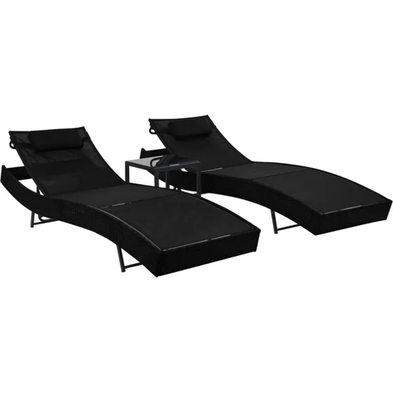 Liggestole 2 stk. med bord i sort polyrattan og textilene