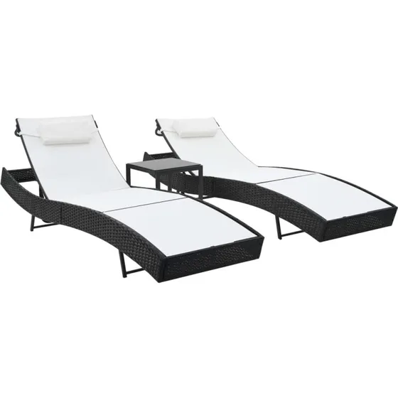 Liggestole 2 stk. med bord - polyrattan & textilene, sort