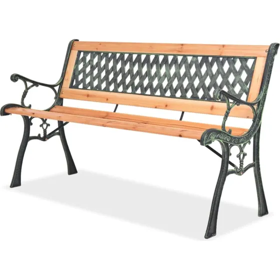 Havebænk i træ og smedejern 122 cm – dekorativ PVC-ryg
